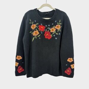 Women's Navy Blue Cliche‎ 5% Wool Floral Embroidered Sweater Sz L Boho Fall Cozy